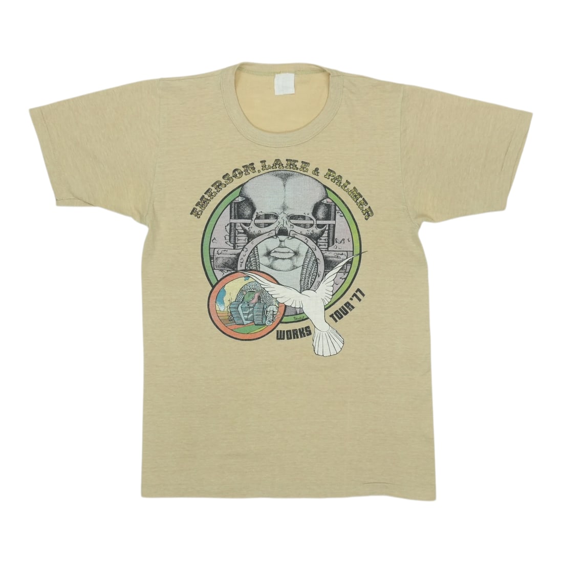Vintage 1977 Emerson Lake Palmer Works Tour Tan Cotton T Shirt: Vintage 1977 Emerson Lake Palmer Works Tour Tan Cotton T Shirt This is an original vintage 1977 Emerson Lake & Palmer Works Tour shirt. It is not a modern reproduction and features no back graphics. T