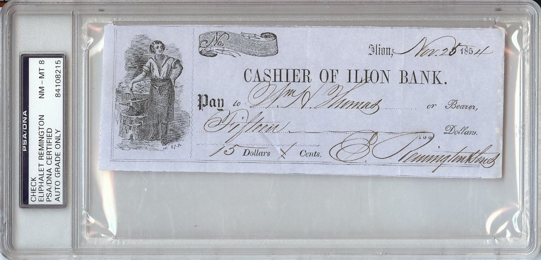 Eliphalet Remington Autographed Bank Check 1854 PSA/DNA Certified: Eliphalet Remington Autographed Bank Check 1854 PSA/DNA Certified This authentic bank check is signed by Eliphalet Remington, a notable figure in American history known for founding the Remington Arms