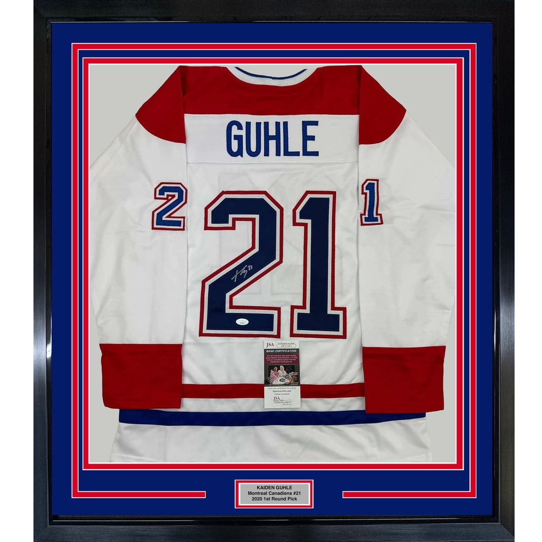 Framed Autographed Kaiden Guhle Montreal Canadiens Jersey JSA COA 35x39: Framed Autographed Kaiden Guhle Montreal Canadiens Jersey JSA COA 35x39 Celebrate your passion for hockey with this professionally framed and matted autographed jersey of Kaiden Guhle, a rising star o