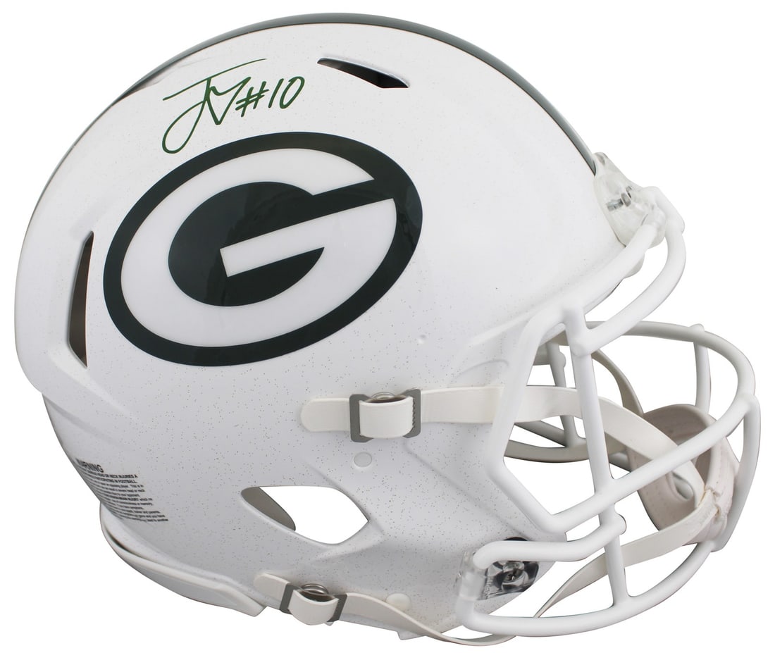 Jordan Love autographed Packers full size Speed Proline helmet BAS witnessed: Jordan Love autographed Packers full size Speed Proline helmet BAS witnessed This authentic 2024 On-Field Alternate Riddell Full Size Speed Proline Helmet has been personally autographed by Jordan Lov