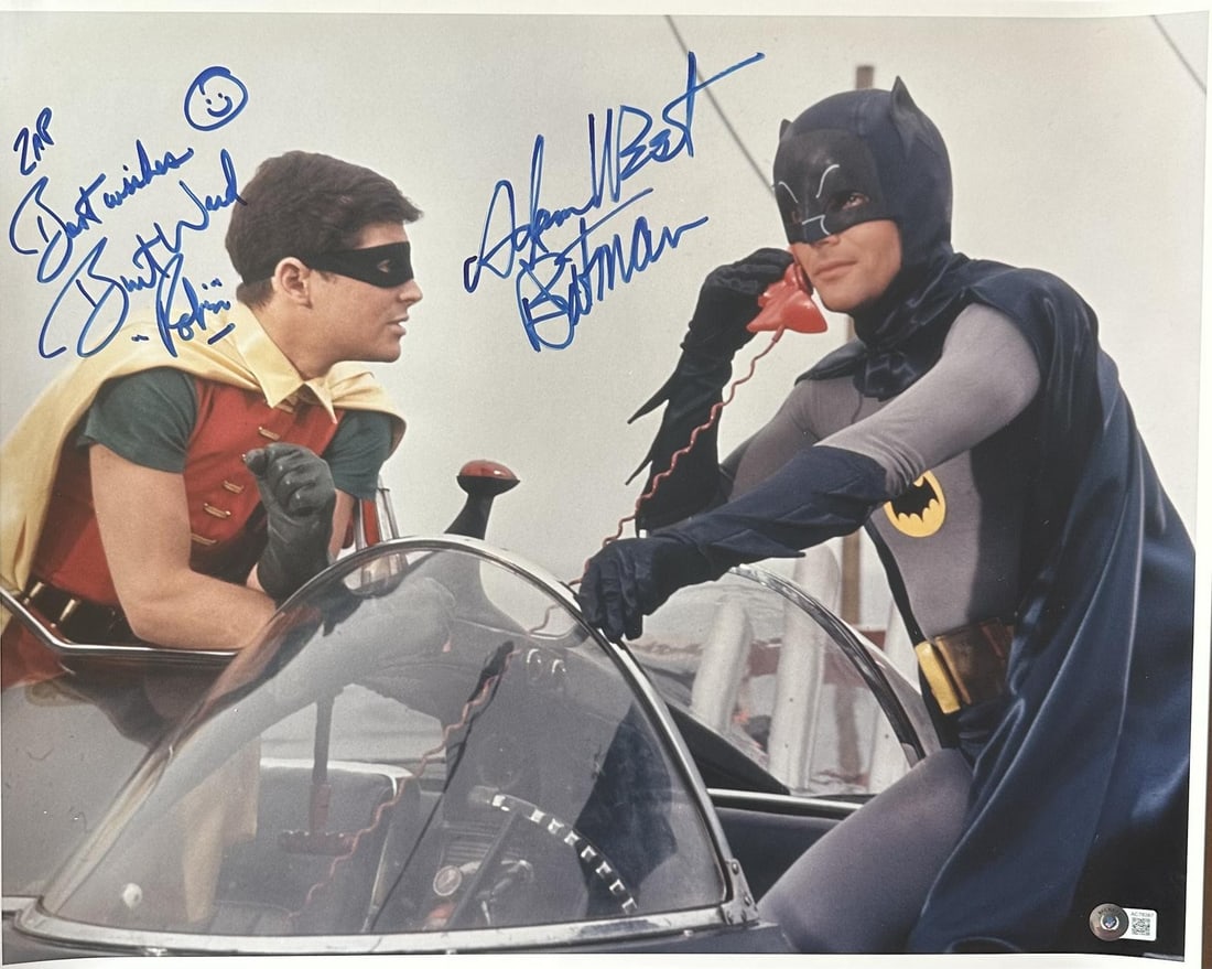 Beckett Authenticated Batman Robin 16x20 Photo Signed by West and Ward: Beckett Authenticated Batman Robin 16x20 Photo Signed by West and Ward This 16x20 photograph features hand-signed autographs from Adam West and Burt Ward, the iconic duo who portrayed Batman and Robin