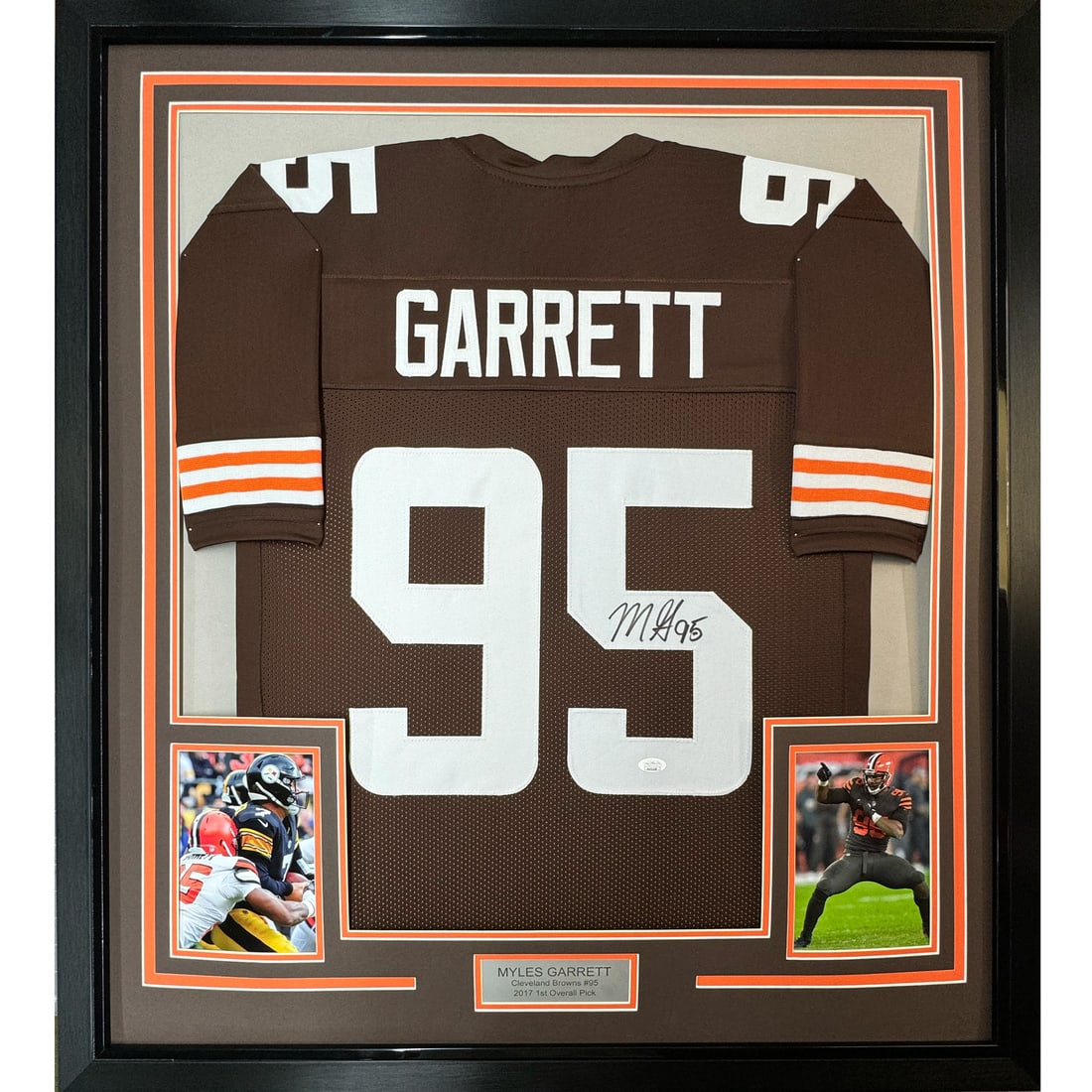 Framed Myles Garrett Autographed Jersey 35x39 Cleveland Browns Beckett COA: Framed Myles Garrett Autographed Jersey 35x39 Cleveland Browns Beckett COA Showcase your NFL pride with this professionally framed and autographed Myles Garrett Cleveland Browns jersey. Measuring 35x3