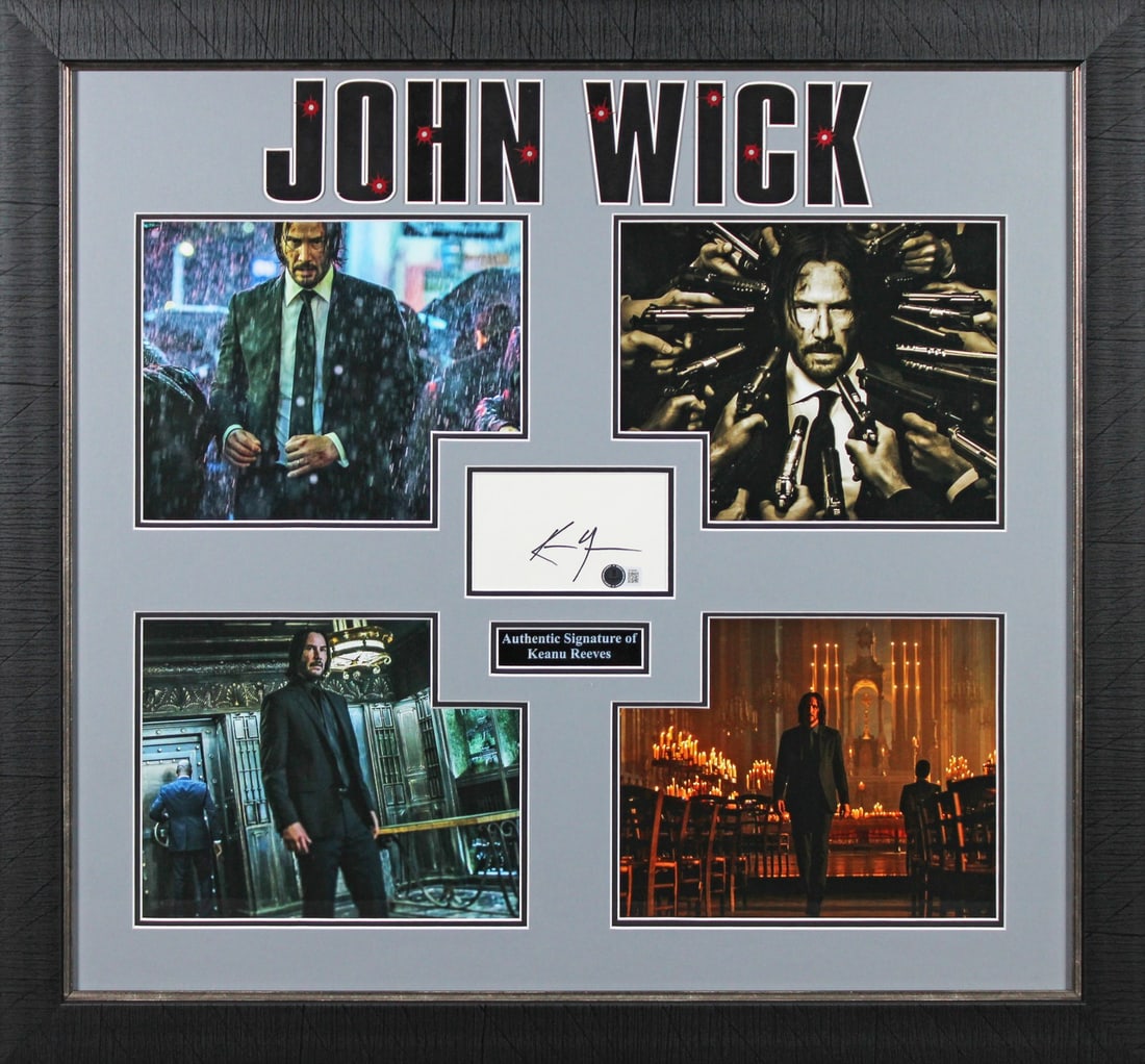 Keanu Reeves Signed John Wick Framed Display with Beckett COA: Keanu Reeves Signed John Wick Framed Display with Beckett COA This stunning framed display features an authentic autograph from Keanu Reeves, renowned for his role in John Wick. The item is a hand-sig