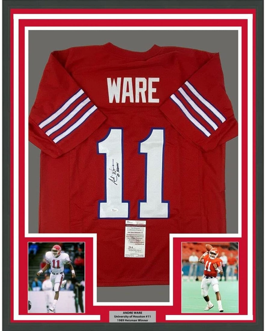 Framed Autographed Andre Ware Heisman Jersey Houston Cougars JSA COA: Framed Autographed Andre Ware Heisman Jersey Houston Cougars JSA COA Celebrate the legacy of Andre Ware with this professionally framed and autographed jersey from his Heisman-winning season with the 