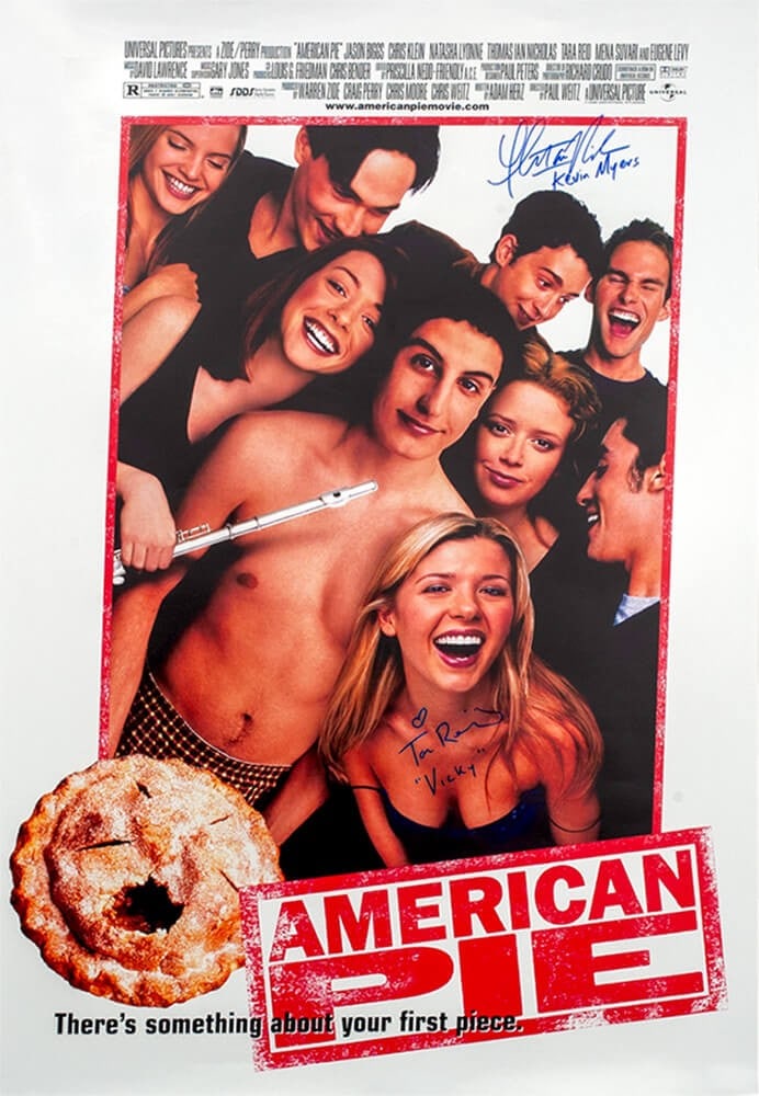 American Pie Movie Poster 27x40 Signed by Tara Reid and Thomas Ian Nicholas: American Pie Movie Poster 27x40 Signed by Tara Reid and Thomas Ian Nicholas This is an original 27x40 inch full-size movie poster for "American Pie," dual signed by Tara Reid and Thomas Ian Nicholas. 