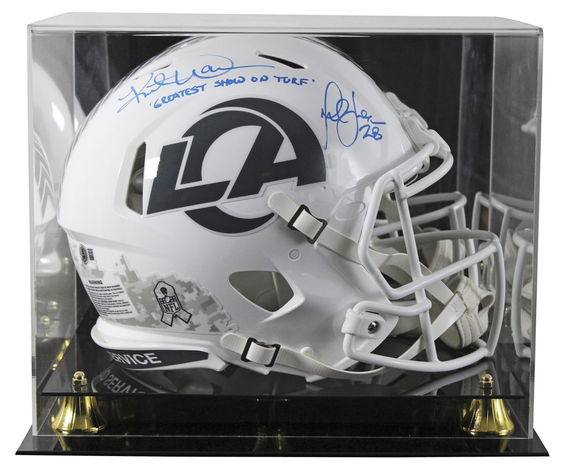 Los Angeles Rams Faulk Warner Signed Helmet with Display Case BAS: Los Angeles Rams Faulk Warner Signed Helmet with Display Case BAS This stunning Los Angeles Rams Alternate Salute To Service III Riddell Full Size Speed Proline Helmet is a must-have for any football 
