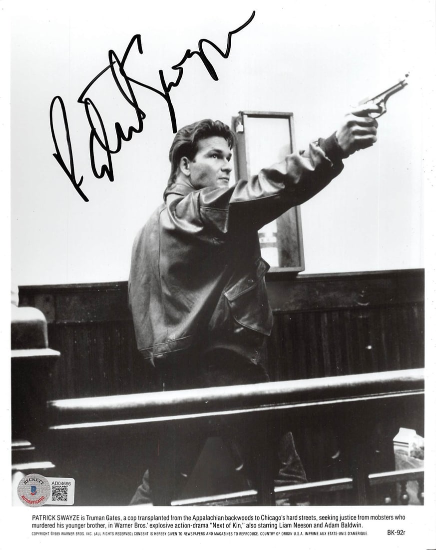 Patrick Swayze Next Of Kin Signed 8x10 B&W Photo Beckett COA: Patrick Swayze Next Of Kin Signed 8x10 B&W Photo Beckett COA This authentic autographed 8x10 black and white photograph features Patrick Swayze, renowned for his role in 'Next Of Kin.' The signature h