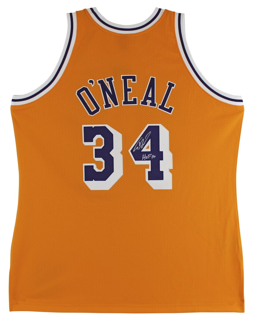 Shaquille O'Neal Lakers Yellow Mitchell Ness HOF 16 Signed Jersey Beckett XL: Shaquille O'Neal Lakers Yellow Mitchell Ness HOF 16 Signed Jersey Beckett XL This is an original Los Angeles Lakers yellow Mitchell & Ness 1996-97 Hardwood Classics authentic jersey, personally signed