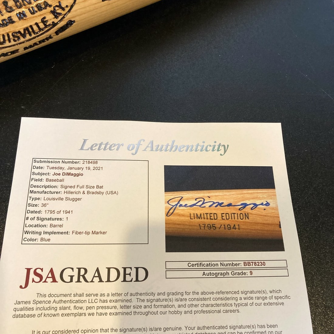 Joe DiMaggio Signed Baseball Bat JSA Authenticated MINT 9 - 3