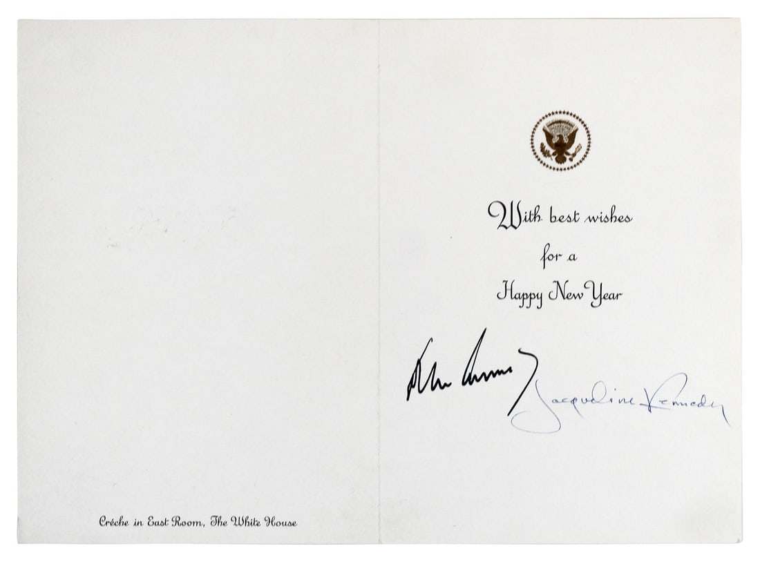 Signed 1963 Kennedy Christmas Card Beckett LOA: Signed 1963 Kennedy Christmas Card Beckett LOA This 1963 unsent Christmas card has been personally signed by John F. Kennedy and Jacqueline Onassis Kennedy. The card is authenticated by Beckett Authen