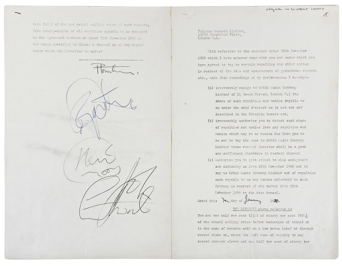 1970 Contract Addendum Signed by All Four Members of The Who JSA Authenticated (1 of 7)
