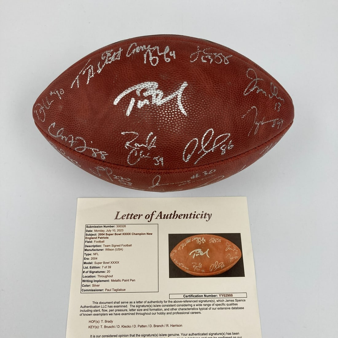 2004 New England Patriots Super Bowl Signed Football Tom Brady JSA Limited Edition 7/39: 2004 New England Patriots Super Bowl Signed Football Tom Brady JSA Limited Edition 7/39 Celebrate the 2004 New England Patriots' Super Bowl victory with this team-signed official Wilson Game Football,