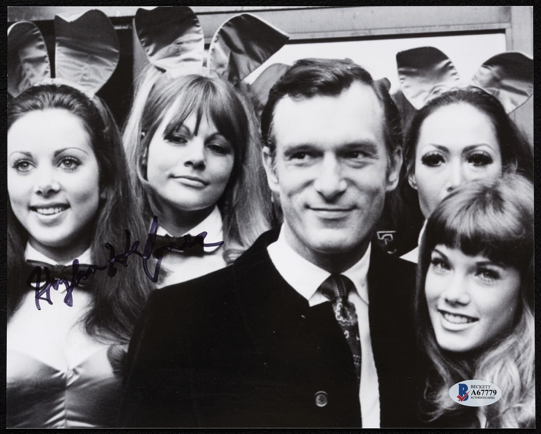 Hugh Hefner Autographed 8x10 Playboy Photo with Beckett COA: Hugh Hefner Autographed 8x10 Playboy Photo with Beckett COA This original 8x10 photograph features the iconic Hugh Hefner, signed by the legendary founder of Playboy. The autograph is authenticated by