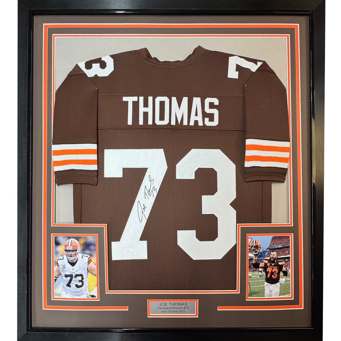 35x39 Framed Joe Thomas Signed Browns Jersey JSA COA: 35x39 Framed Joe Thomas Signed Browns Jersey JSA COA This framed Cleveland Browns jersey is autographed by Joe Thomas and authenticated by James Spence Authentication (JSA). The jersey comes professio
