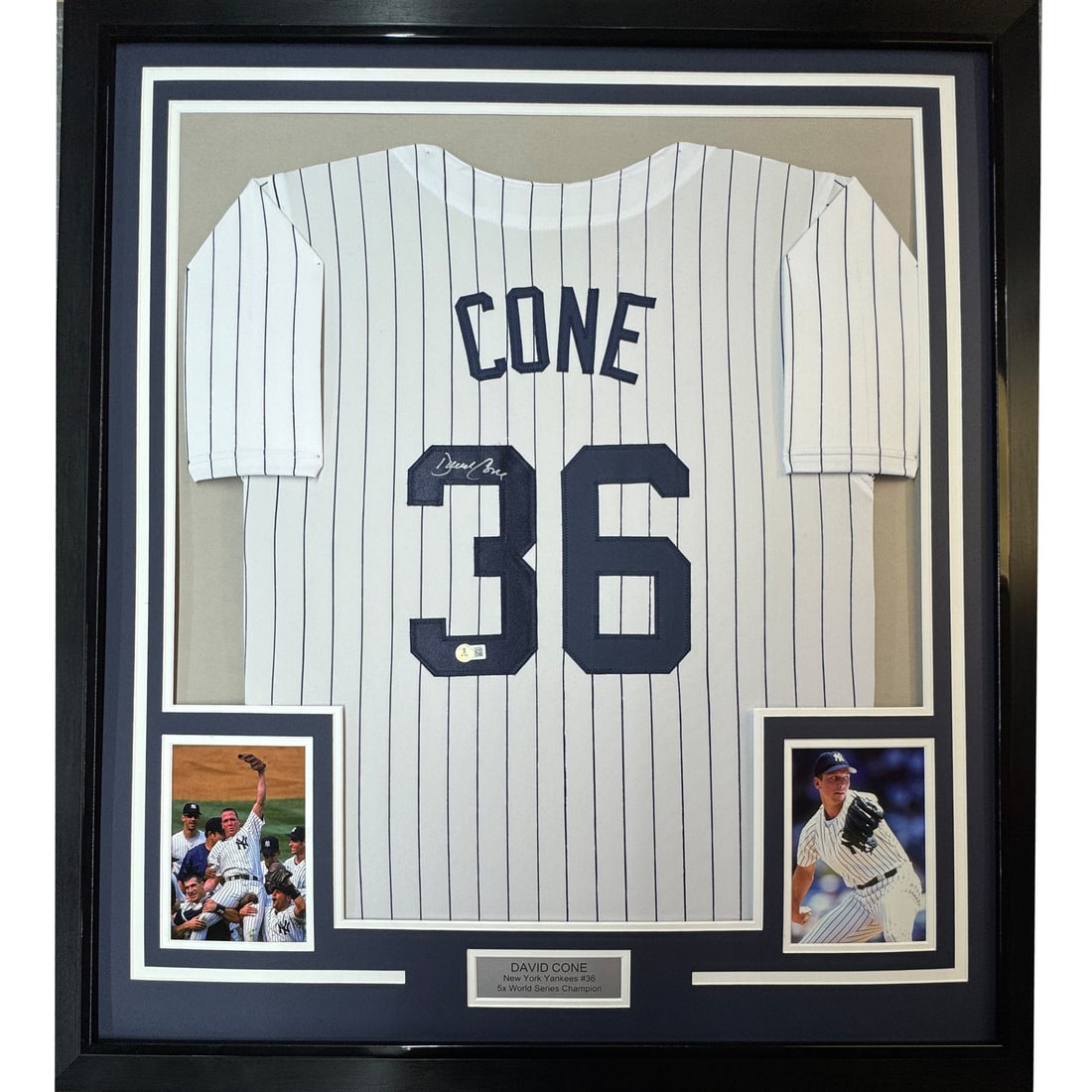 Framed David Cone Autographed Yankees Jersey 35x39 Beckett COA: Framed David Cone Autographed Yankees Jersey 35x39 Beckett COA Celebrate the legacy of David Cone with this stunning framed and autographed New York Yankees pinstripe jersey. Measuring an impressive 3