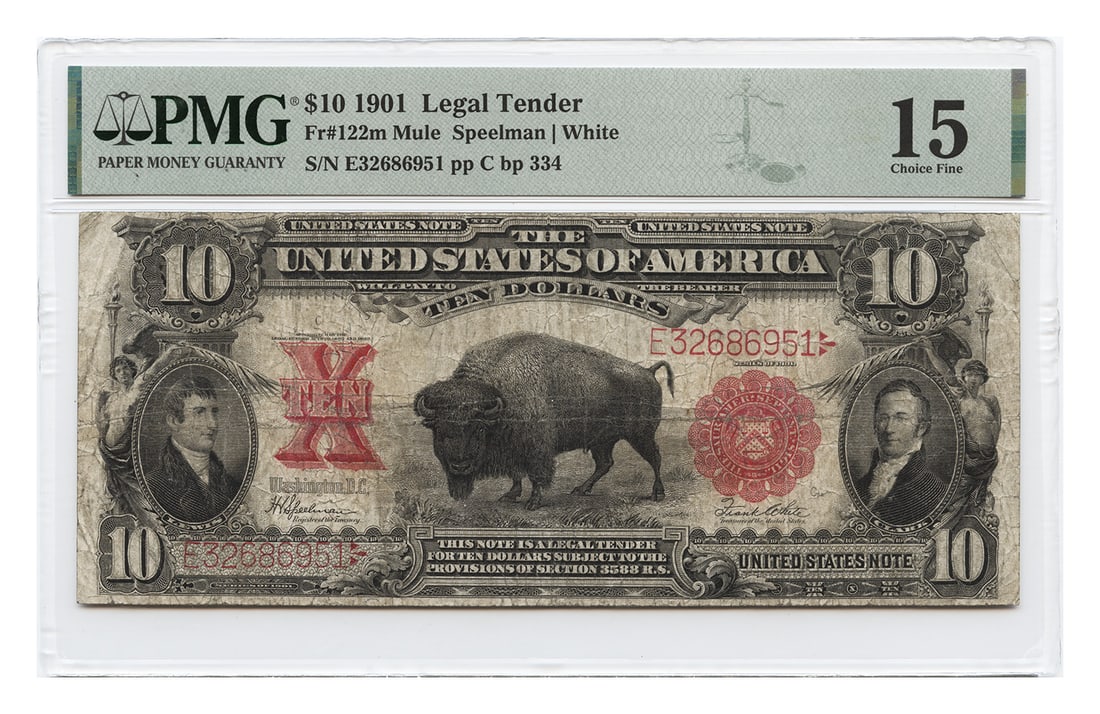 1901 $10 Legal Tender Note PMG Graded Fine 15 Back Plate 334: 1901 $10 Legal Tender Note PMG Graded Fine 15 Back Plate 334 This 1901 $10 Legal Tender note features John Burke and comes with a PMG certification, graded Choice Fine 15. It is a circulated example f