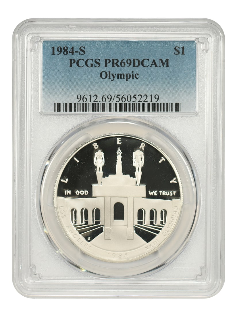 1984 San Francisco Olympic Silver Dollar PCGS PR69DCAM: 1984 San Francisco Olympic Silver Dollar PCGS PR69DCAM This 1984-S $1 Olympic commemorative coin is struck in silver and comes from the San Francisco Mint. It is graded PR69DCAM by PCGS, indicating a 