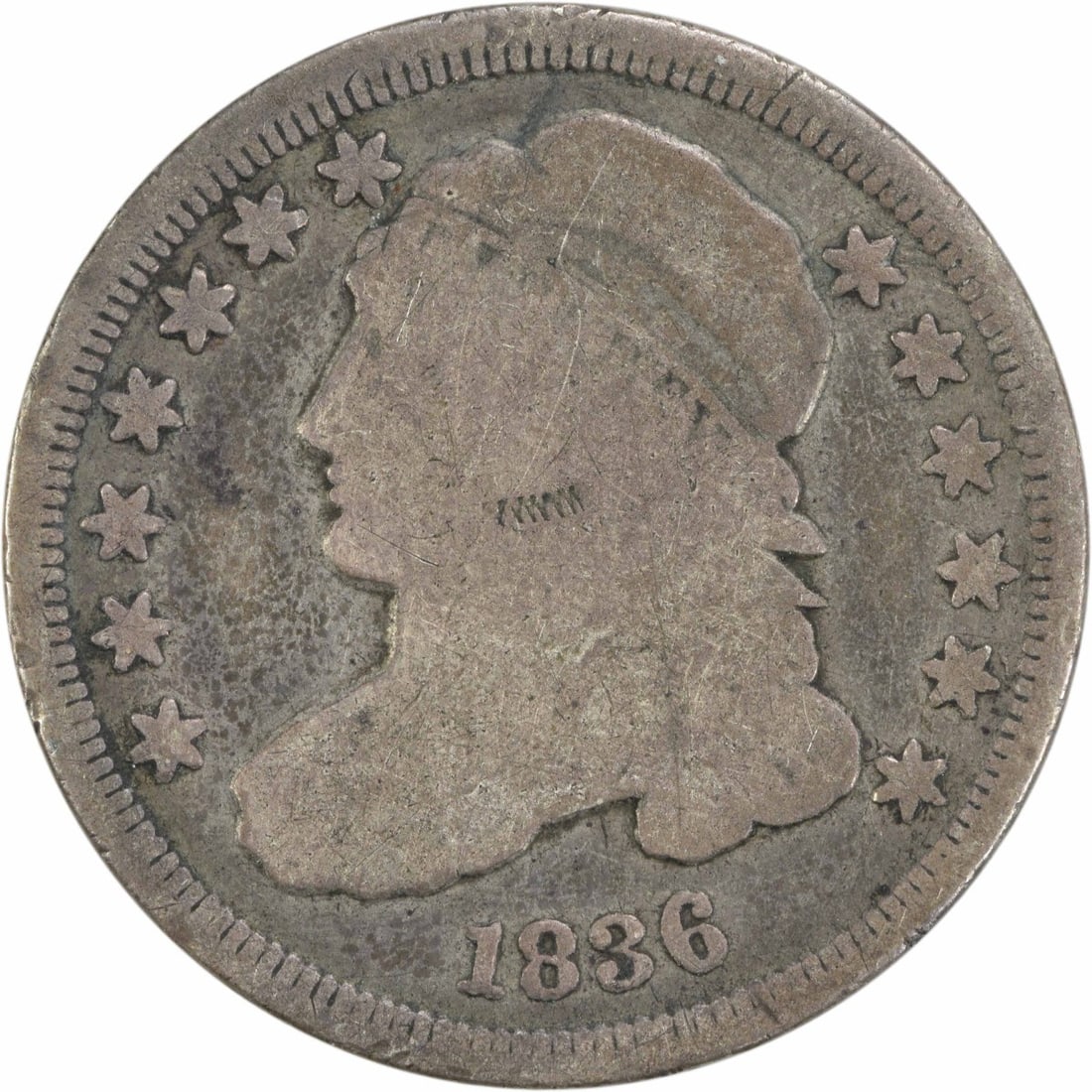 1836 Capped Bust Silver Dime 10C VG Uncertified: 1836 Capped Bust Silver Dime 10C VG Uncertified This 1836 Capped Bust Silver Dime is a notable collectible coin from the United States, featuring a classic design by engraver John Reich. It is in VG (