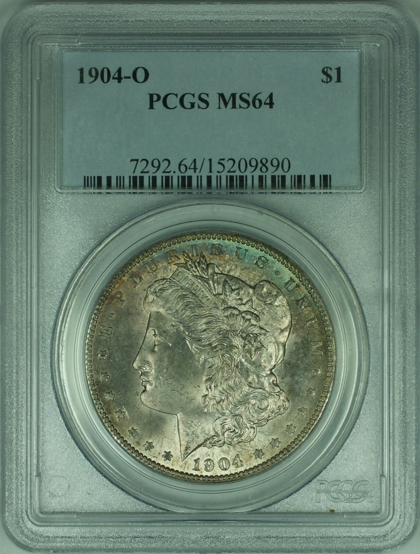 PCGS MS-64 1904-O Morgan Dollar New Orleans Crescent Toned Silver Coin: PCGS MS-64 1904-O Morgan Dollar New Orleans Crescent Toned Silver Coin This 1904-O Morgan Silver Dollar is certified by PCGS with a grade of MS-64. Minted in New Orleans, this uncirculated coin featur