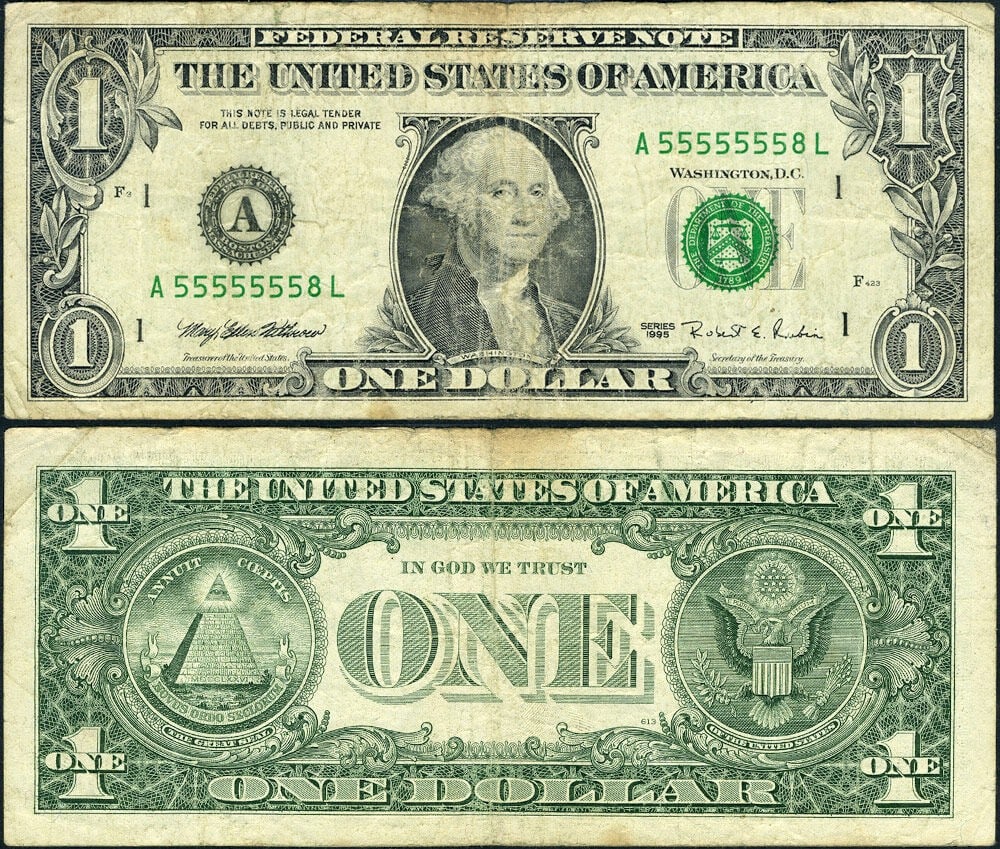 1995 $1 Federal Reserve Note Fancy Serial A55555558L (1 of 3)