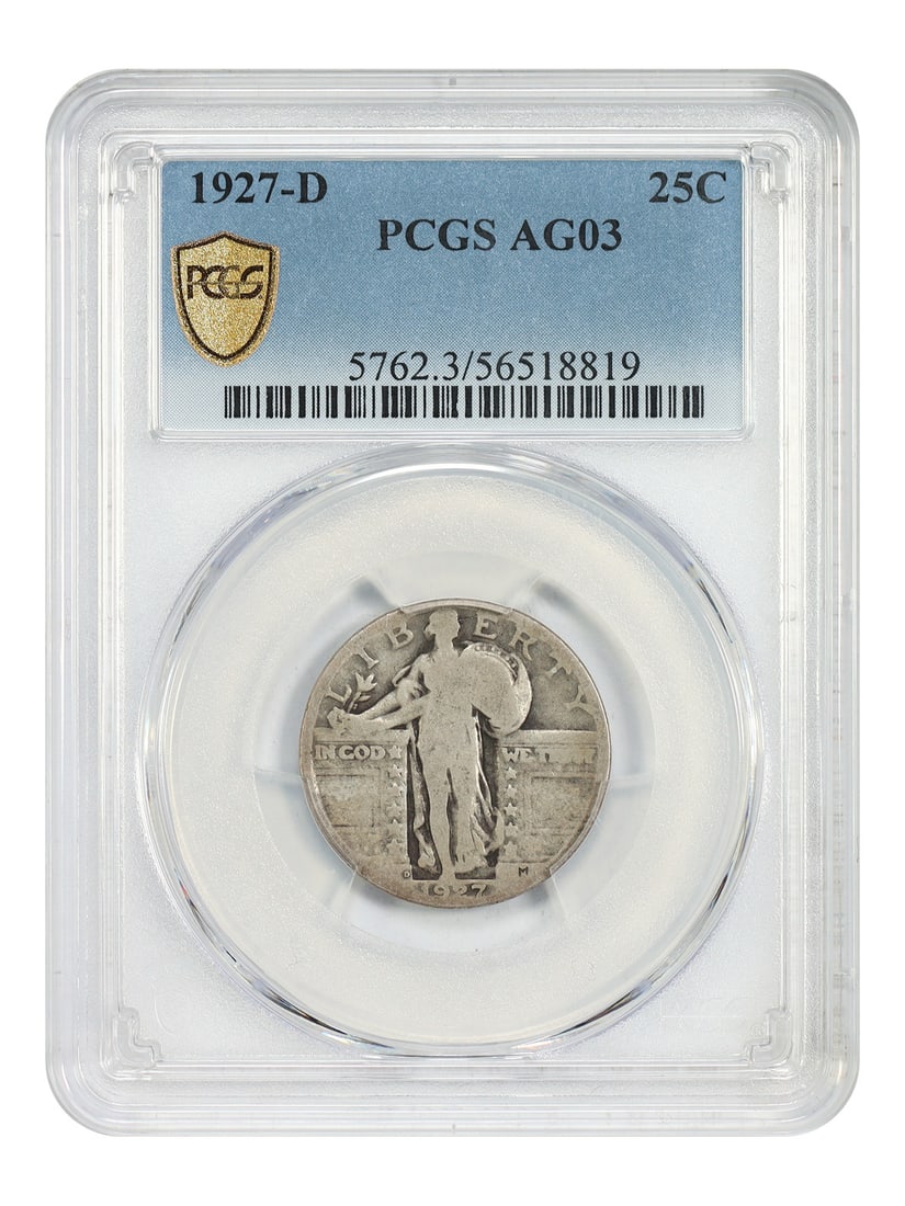 PCGS AG03 1927-D Denver Standing Liberty 25C Quarter: PCGS AG03 1927-D Denver Standing Liberty 25C Quarter This is a 1927-D Standing Liberty Quarter, graded AG03 by PCGS. The coin is circulated and originates from the Denver Mint. It belongs to the Stand