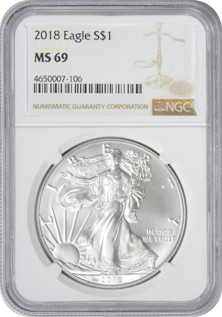 MS69 NGC Graded 2018 Silver American Eagle One Ounce Coin: MS69 NGC Graded 2018 Silver American Eagle One Ounce Coin This 2018 American Silver Eagle Dollar features 1 oz of .999 fine silver and has been graded MS69 by NGC. Issued by the U.S. Mint, this coin i