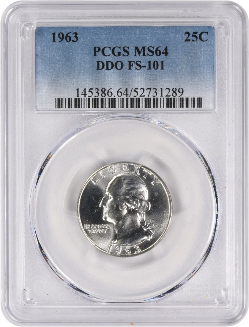PCGS MS64 1963 DDO FS-101 Washington 90% Silver Quarter: PCGS MS64 1963 DDO FS-101 Washington 90% Silver Quarter This 1963 Washington Quarter features the Doubled Die Obverse (DDO) FS-101 variety, certified by PCGS with a grade of MS64. Struck at the Philad
