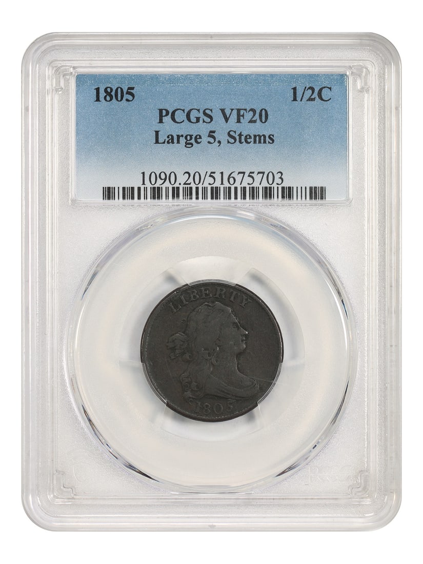 PCGS VF20 1805 Draped Bust Half Cent Large 5 Stems: PCGS VF20 1805 Draped Bust Half Cent Large 5 Stems This 1805 Draped Bust Half Cent features the Large 5, Stems variety. Certified by PCGS and graded VF20, this circulated coin is recognized as a bette
