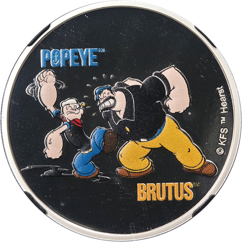 2024 Samoa Silver $2 Popeye Brutus NGC PF69 Ultra Cameo: 2024 Samoa Silver $2 Popeye Brutus NGC PF69 Ultra Cameo This 2024 Samoa $2 coin features a colorized design of Popeye and Brutus. Struck in one ounce of .999 fine silver, it has been graded by NGC as 