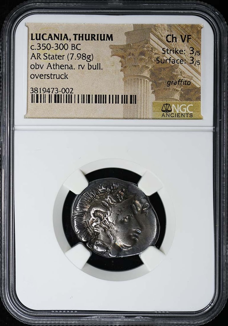 Lucania Thurium Silver Stater circa 350-300 BC NGC Certified VF: Lucania Thurium Silver Stater circa 350-300 BC NGC Certified VF This is an ancient Lucania, Thurium AR Stater dating from approximately 350-300 BC. The coin is certified by NGC and graded as Choice Ve