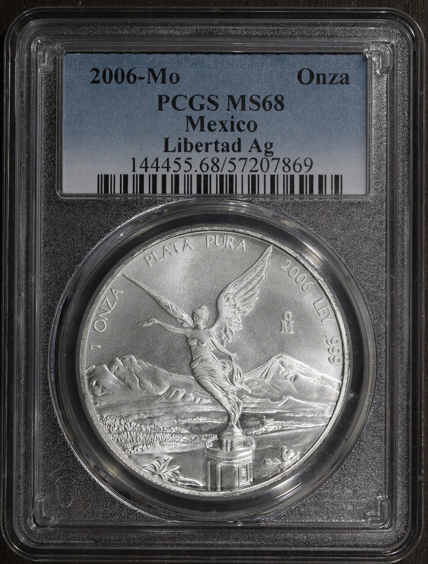 PCGS MS68 2006 Mexico Silver Libertad 1 oz Onza: PCGS MS68 2006 Mexico Silver Libertad 1 oz Onza This 2006 Mexican Libertad 1 oz silver coin is composed of .999 fine silver and has been graded MS68 by PCGS. Struck by the Mexican Mint, this collectib