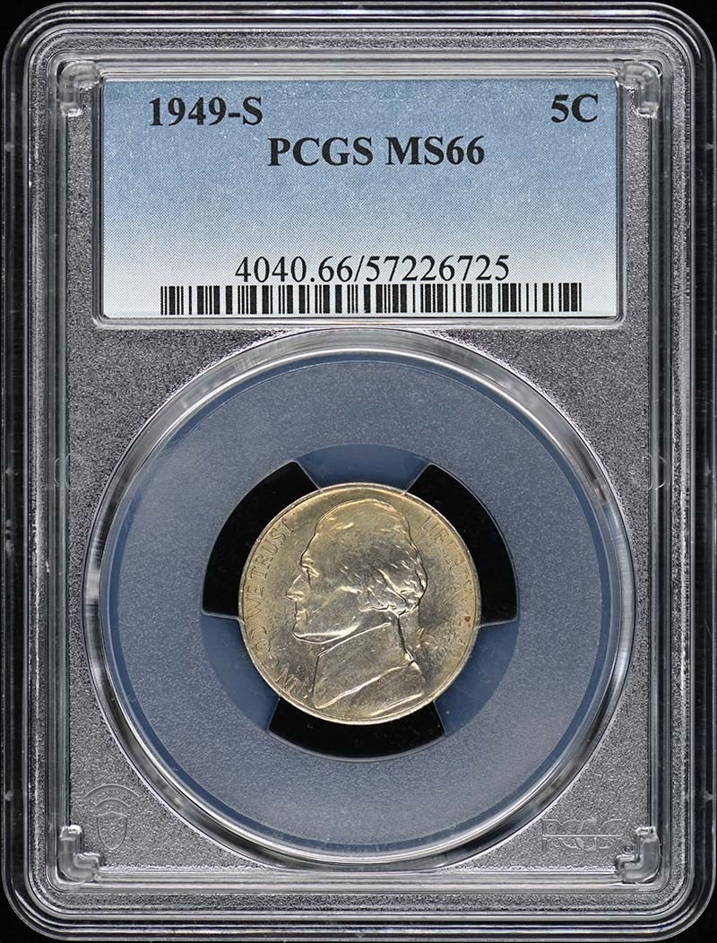 1949-S Jefferson Nickel PCGS MS66 Uncirculated Coin: 1949-S Jefferson Nickel PCGS MS66 Uncirculated Coin This 1949-S Jefferson Nickel is certified by PCGS with an impressive grade of MS66, indicating its uncirculated condition. Minted in San Francisco, 