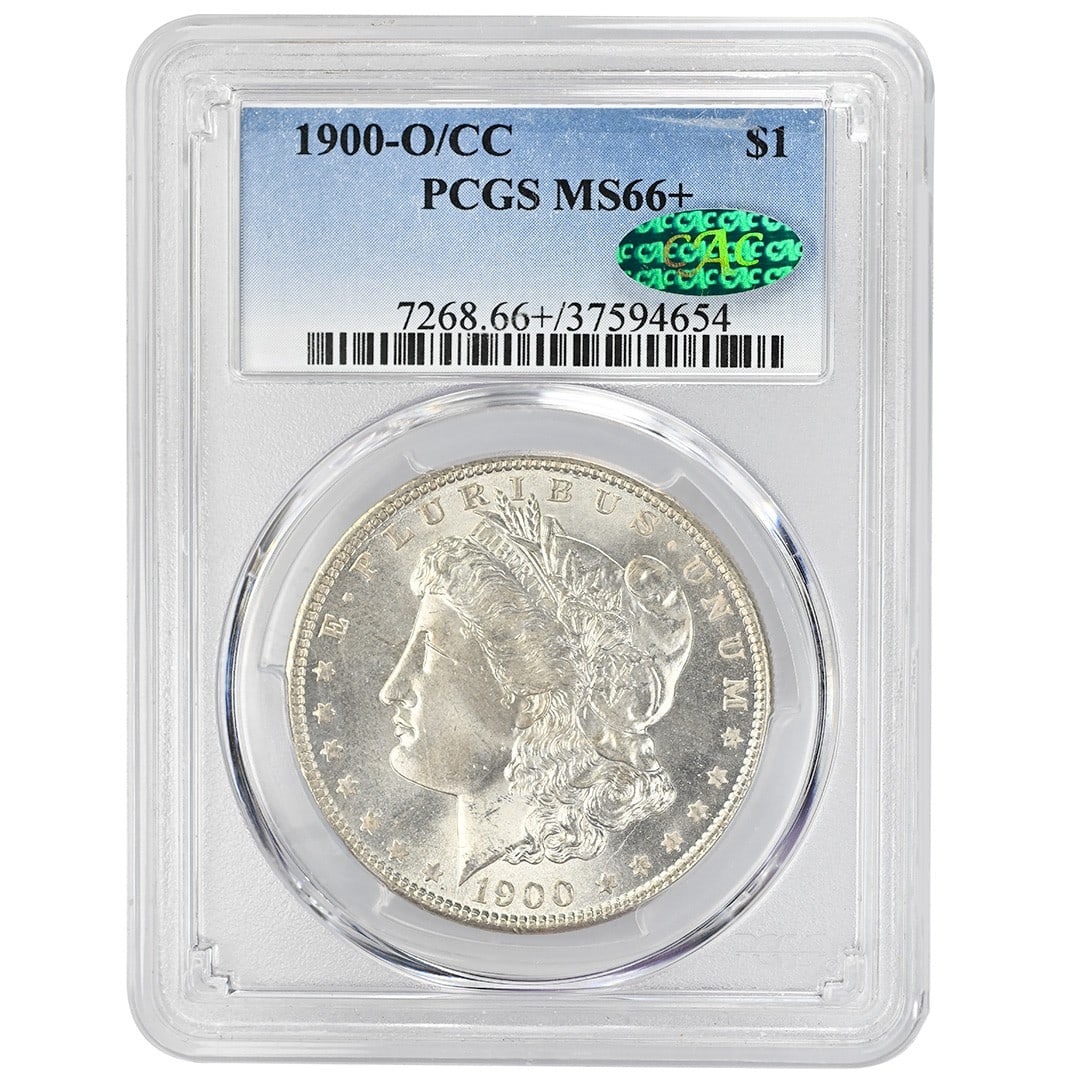 PCGS MS66+ CAC Morgan Dollar 1900-O CC Overmintmark: PCGS MS66+ CAC Morgan Dollar 1900-O CC Overmintmark This is a 1900-O/CC Morgan Dollar, a rare silver coin from the United States. Graded MS66+ by PCGS and verified by CAC, this uncirculated coin featu