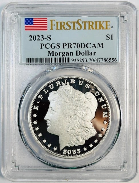 PCGS PR70 2023 San Francisco Morgan Proof Silver Dollar First Strike: PCGS PR70 2023 San Francisco Morgan Proof Silver Dollar First Strike This 2023 S Morgan Silver Dollar is a proof coin graded PR-70 DCAM by PCGS, indicating a flawless condition. It is an uncirculated 