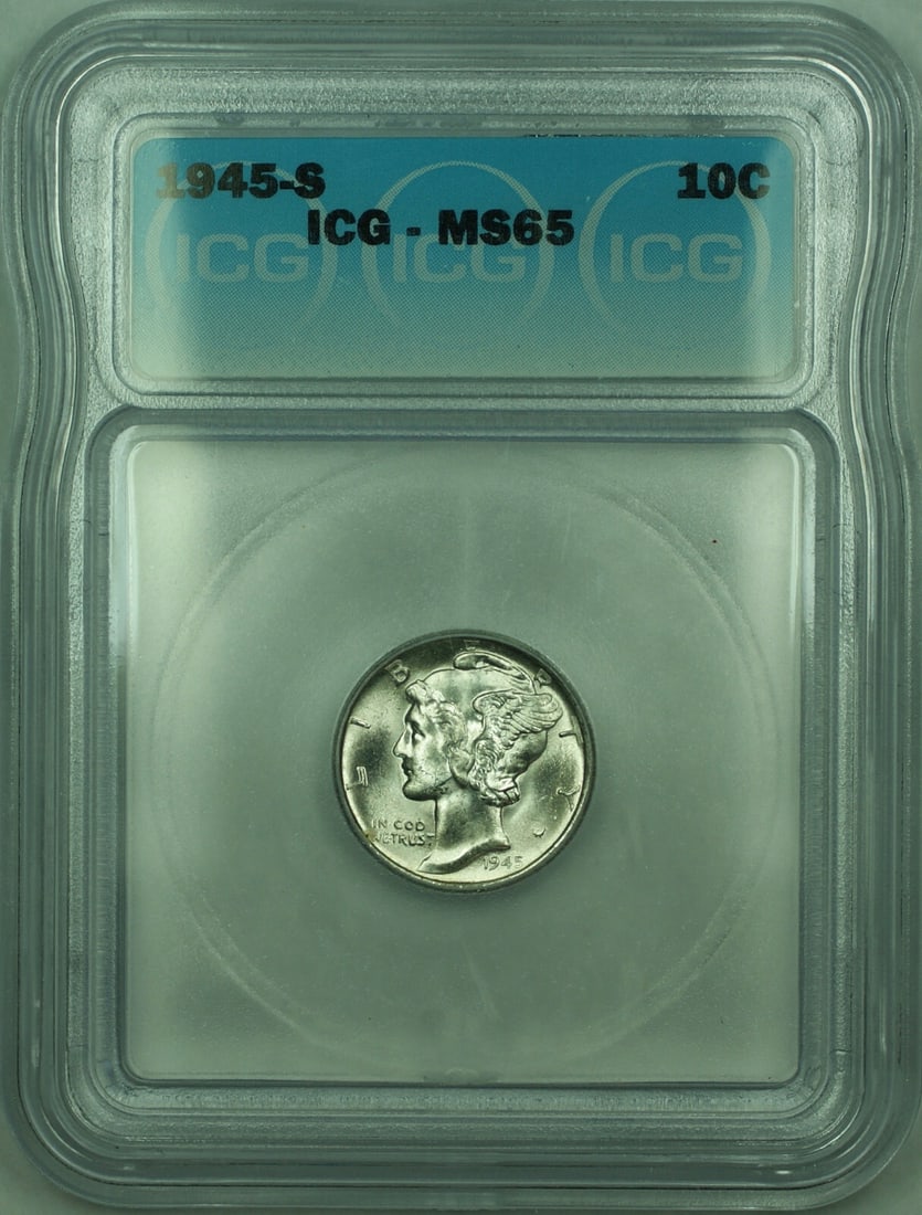 ICG MS-65 1945-S Mercury 10c Silver Dime: ICG MS-65 1945-S Mercury 10c Silver Dime This is a 1945-S Mercury Silver Dime with a denomination of 10 cents. The coin is composed of 90% silver and was minted in San Francisco. It is graded MS-65 by