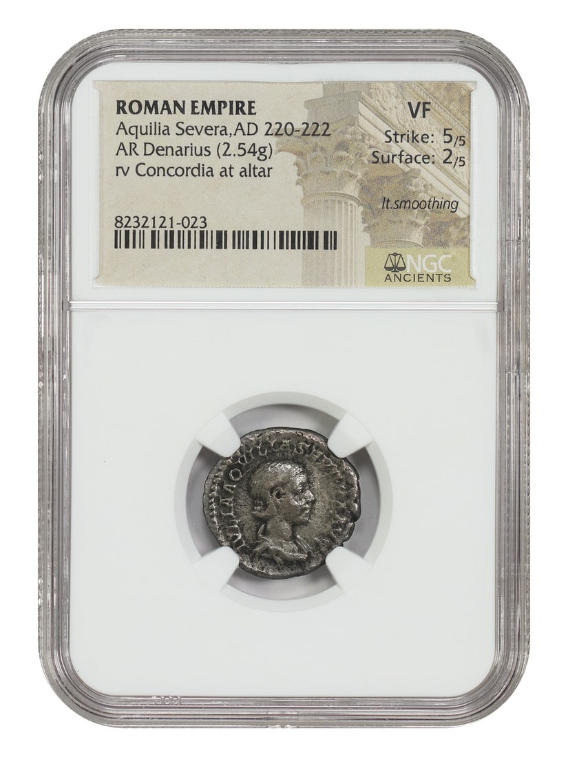 Aquilla Severa Ancient Roman AR Denarius AD 220-222 NGC VF: Aquilla Severa Ancient Roman AR Denarius AD 220-222 NGC VF This Ancient Roman AR Denarius was minted during the reign of Aquilla Severa, who lived from AD 220 to 222. This silver coin is a tangible pi