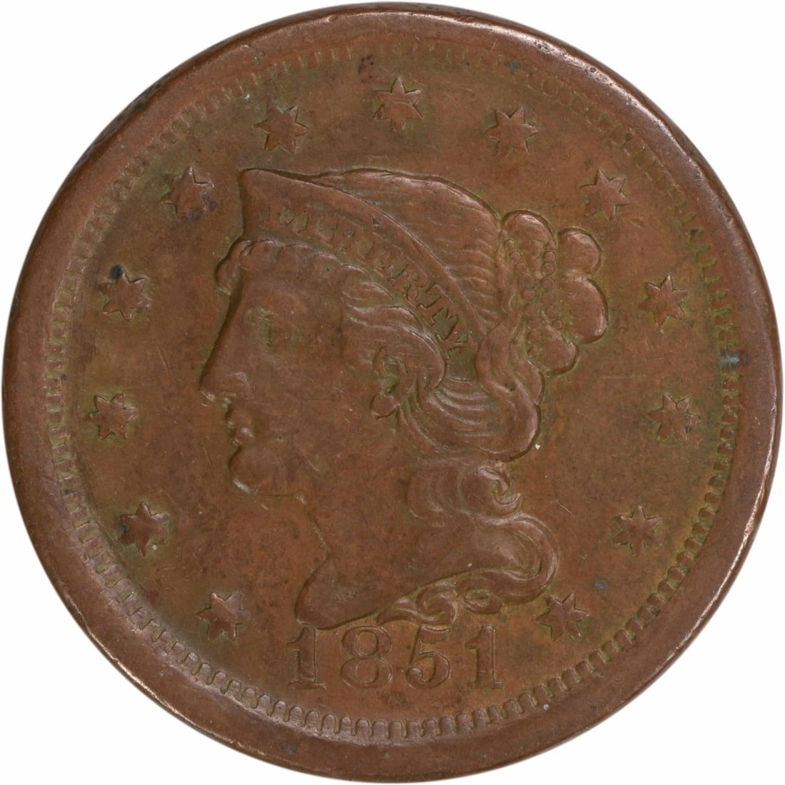 1851 Braided Hair Large Cent Copper EF Uncertified: 1851 Braided Hair Large Cent Copper EF Uncertified This 1851 Large Cent is a remarkable piece from the Philadelphia Mint, featuring the iconic Braided Hair design by Christian Gobrecht. Certified as U