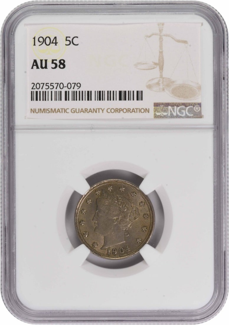 1904 Liberty Head Nickel Graded AU58 by NGC: 1904 Liberty Head Nickel Graded AU58 by NGC This 1904 Liberty Nickel, graded AU58 by NGC, features the classic design by Charles E. Barber. Minted in Philadelphia, it is composed of 75% copper and 25%
