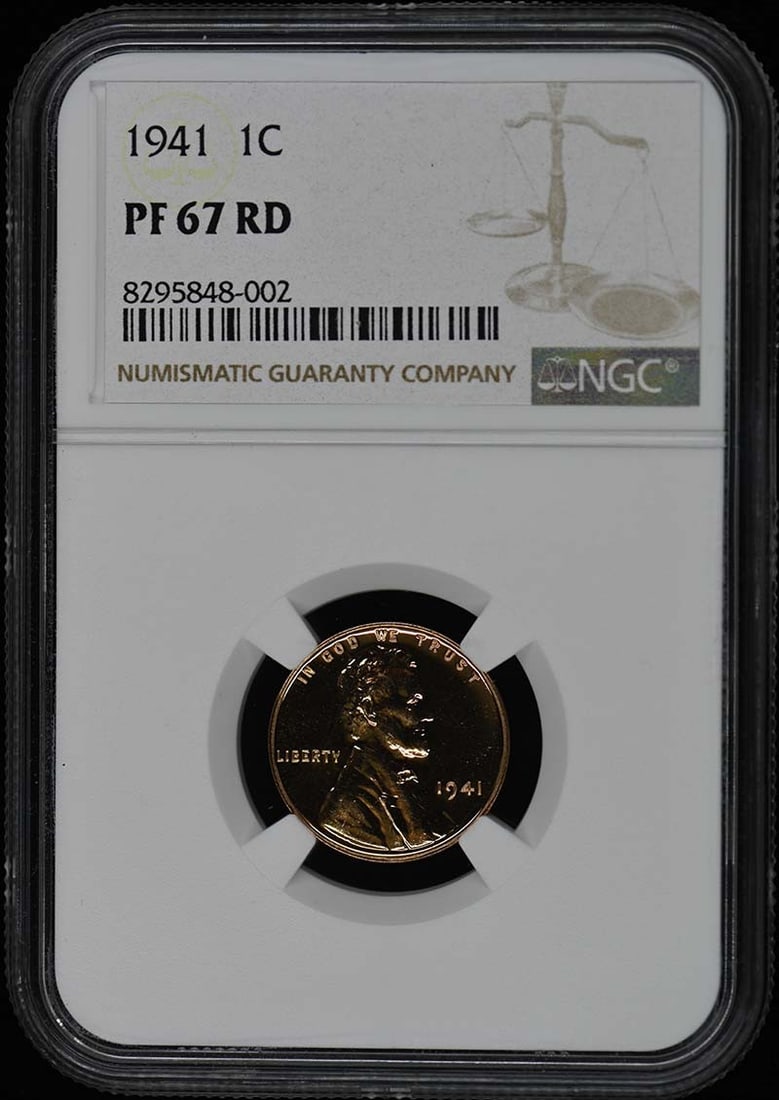 1941 NGC PR67RD Wheat Reverse Lincoln Cent Proof Coin: 1941 NGC PR67RD Wheat Reverse Lincoln Cent Proof Coin This 1941 Wheat Reverse Lincoln Cent is a stunning proof coin, certified by NGC with a grade of PR67RD. Struck at the Philadelphia Mint, this unci
