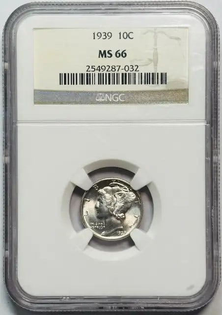 1939 Mercury Dime NGC MS66 Uncirculated Silver Coin: 1939 Mercury Dime NGC MS66 Uncirculated Silver Coin This 1939 Mercury Dime is certified by NGC with a grade of MS 66, indicating it is in uncirculated condition. Struck in silver, this coin represents