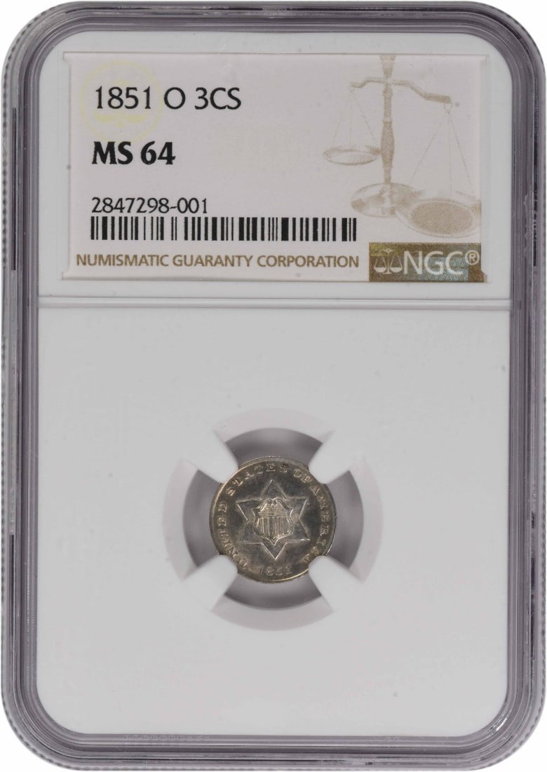 1851-O Three Cent Silver Coin MS64 NGC Certified: 1851-O Three Cent Silver Coin MS64 NGC Certified This 1851-O Three Cent Silver coin is graded MS64 by NGC and was minted in New Orleans. Composed of 75% silver and 25% copper, this uncirculated coin w