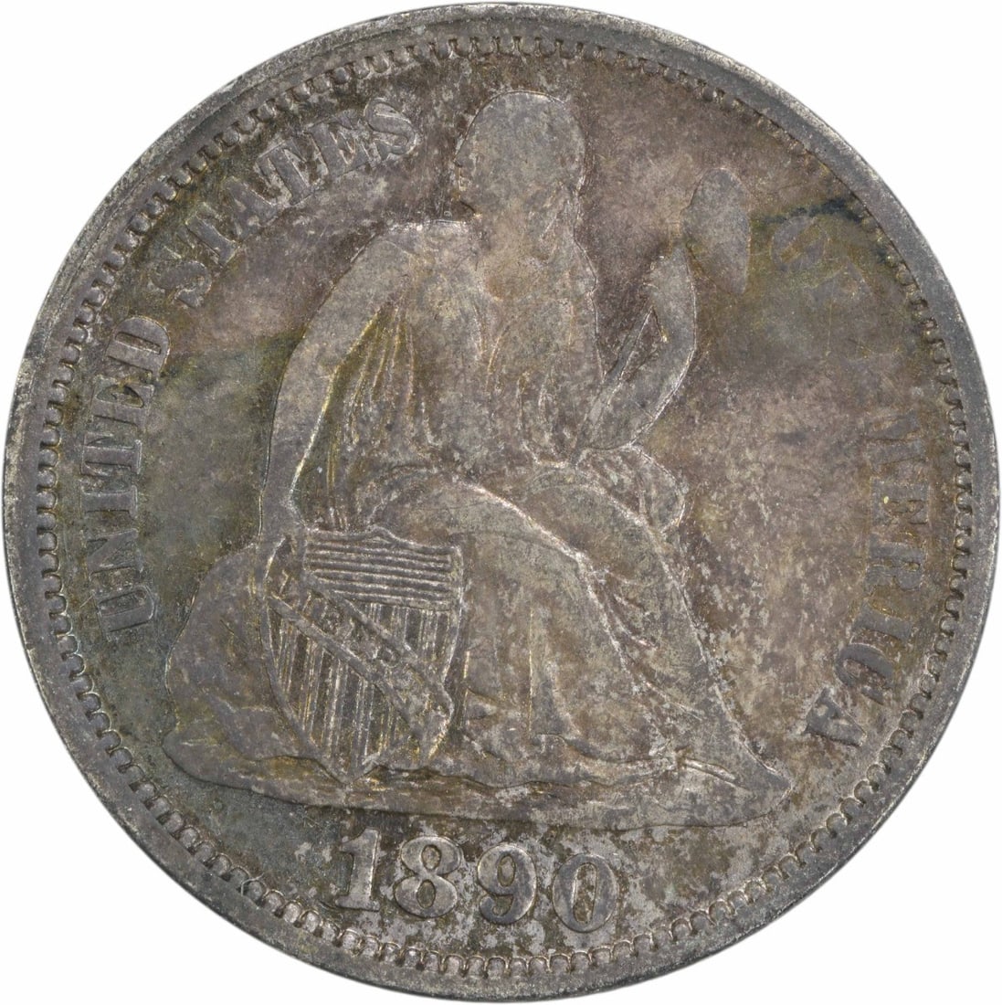 1890 Liberty Seated Dime AU Uncertified 90% Silver Coin: 1890 Liberty Seated Dime AU Uncertified 90% Silver Coin This 1890 Liberty Seated Silver Dime features a classic design by Christian Gobrecht, showcasing the iconic Seated Liberty motif. It is an AU-gr