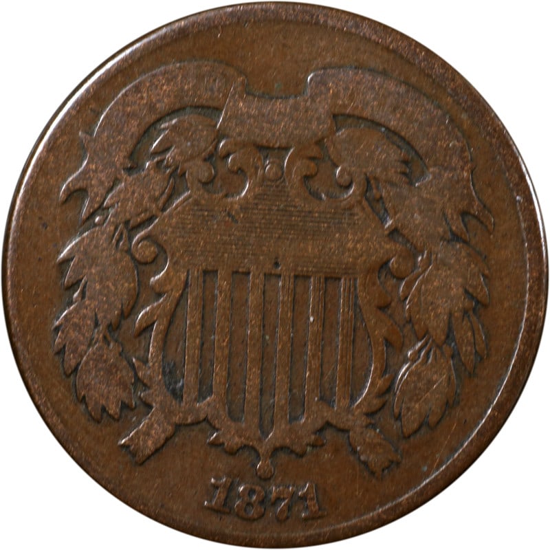 1871 U.S. copper 2 cent coin uncertified: 1871 U.S. copper 2 cent coin uncertified This is an 1871 Two Cent Piece from the United States, composed of copper. The coin is circulated and uncertified, reflecting its age and history. It is a pre-
