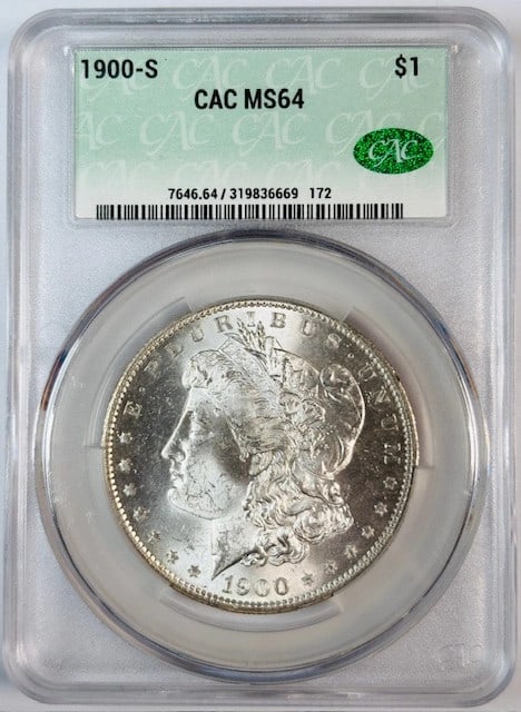 1900-S Morgan dollar CACG MS64 certified silver coin: 1900-S Morgan dollar CACG MS64 certified silver coin This 1900 Morgan Silver Dollar was minted in San Francisco and is certified by CAC with a grade of MS 64. Composed of silver, it is a pre-owned coi