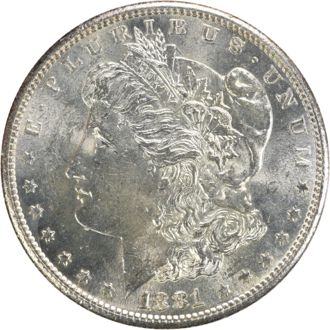 Uncirculated 1881 San Francisco Morgan Dollar Silver BU Grade Uncertified: Uncirculated 1881 San Francisco Morgan Dollar Silver BU Grade Uncertified This 1881-S Morgan Silver Dollar is an uncirculated coin featuring brilliant uncirculated (BU) quality. It is composed of silv
