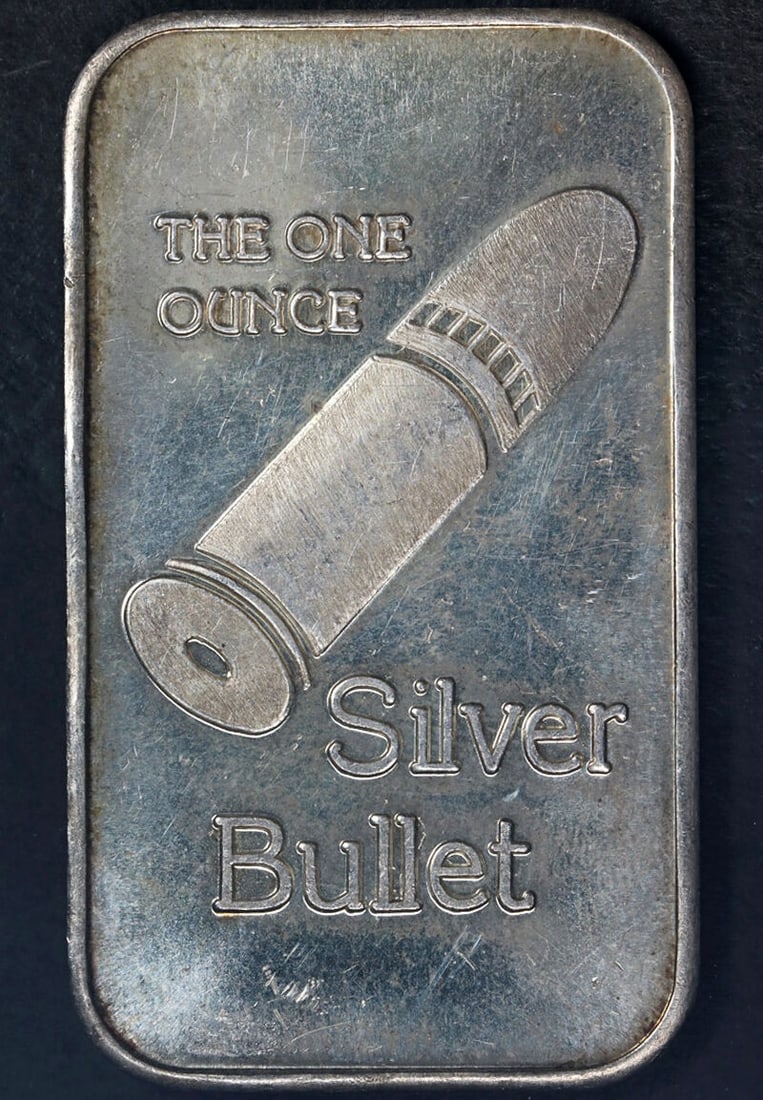 1 oz .999 Silver Bar Silver Bullet Design From Stock: 1 oz .999 Silver Bar Silver Bullet Design From Stock This 1 ounce silver bar features a .999 fine silver composition and is designed in the shape of a bullet. The bar is pre-owned and offers a bright 
