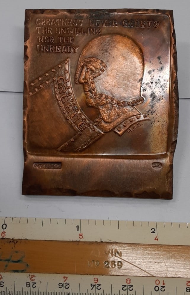 1960s Copper Studio Trial Plate by H Alvin Sharpe with Greek Soldier Motif: 1960s Copper Studio Trial Plate by H Alvin Sharpe with Greek Soldier Motif This vintage studio trial copper plate from the 1960s was created by H. Alvin Sharpe and features a design of an ancient Gree