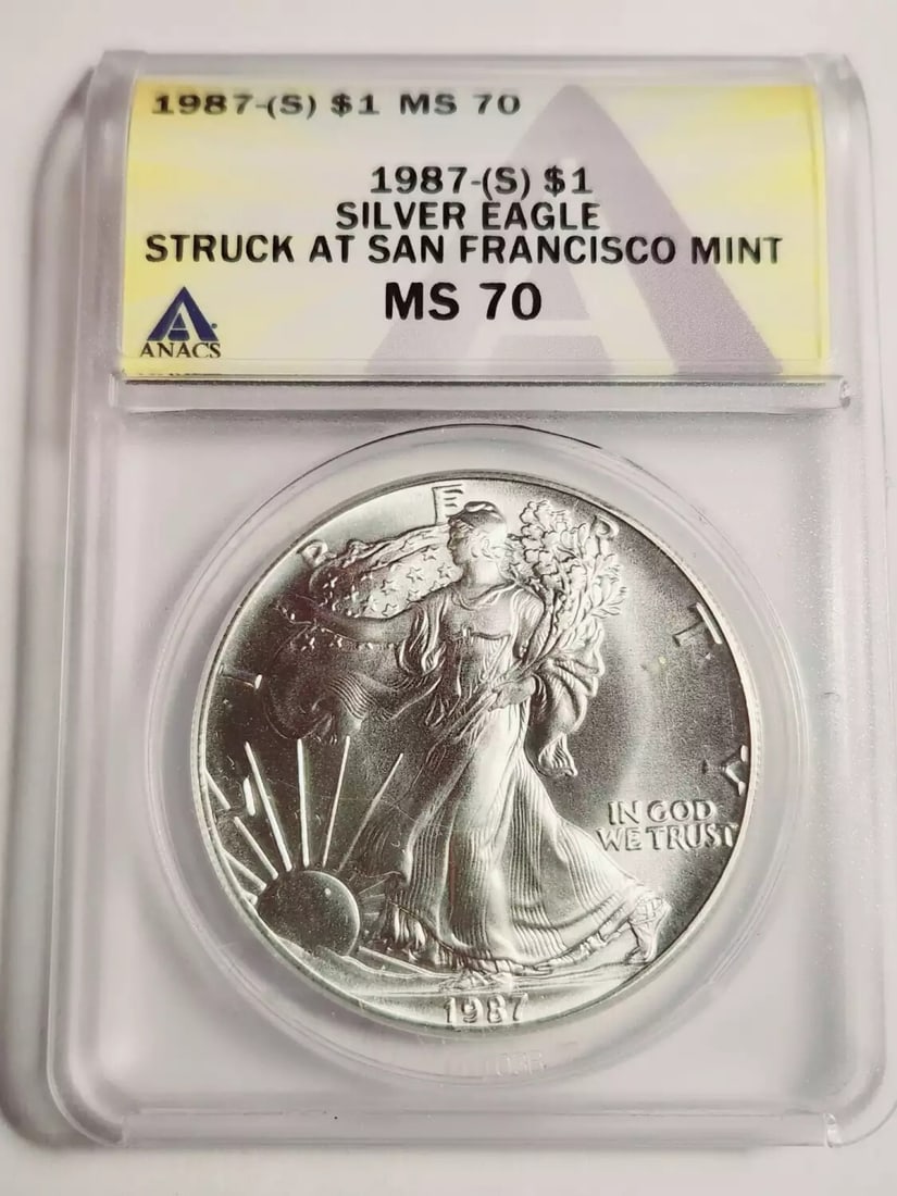 1987 Silver Eagle ANACS MS-70 San Francisco Mint Coin: 1987 Silver Eagle ANACS MS-70 San Francisco Mint Coin This 1987 Silver Eagle is certified by ANACS with a grade of MS-70, ensuring it is in flawless uncirculated condition. Struck at the San Francisco
