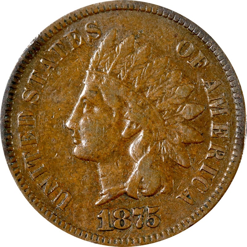 1875 United States Indian Head Copper Cent: 1875 United States Indian Head Copper Cent This is a 1875 Indian Cent from the United States, composed of copper. The coin is circulated and is offered in pre-owned condition. It is uncertified. Speci