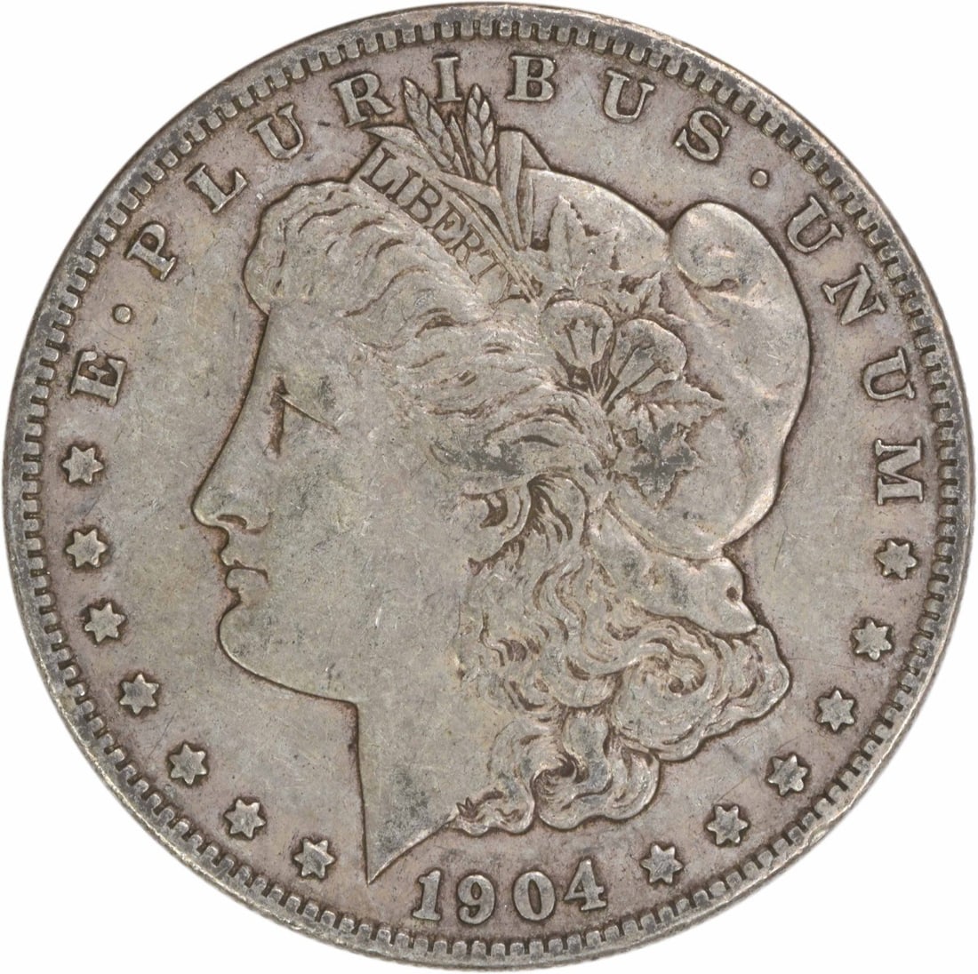 1904 San Francisco Morgan Dollar 90 Percent Silver EF Uncertified Coin: 1904 San Francisco Morgan Dollar 90 Percent Silver EF Uncertified Coin This 1904-S Morgan Silver Dollar is a circulated coin from the United States, minted in San Francisco. Crafted from 90% silver an